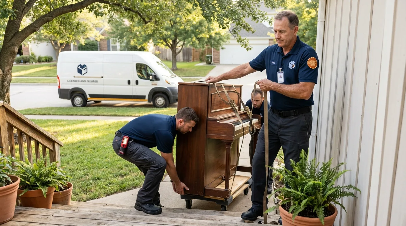 Licensed piano movers securing grand piano in Hopkins, MN
