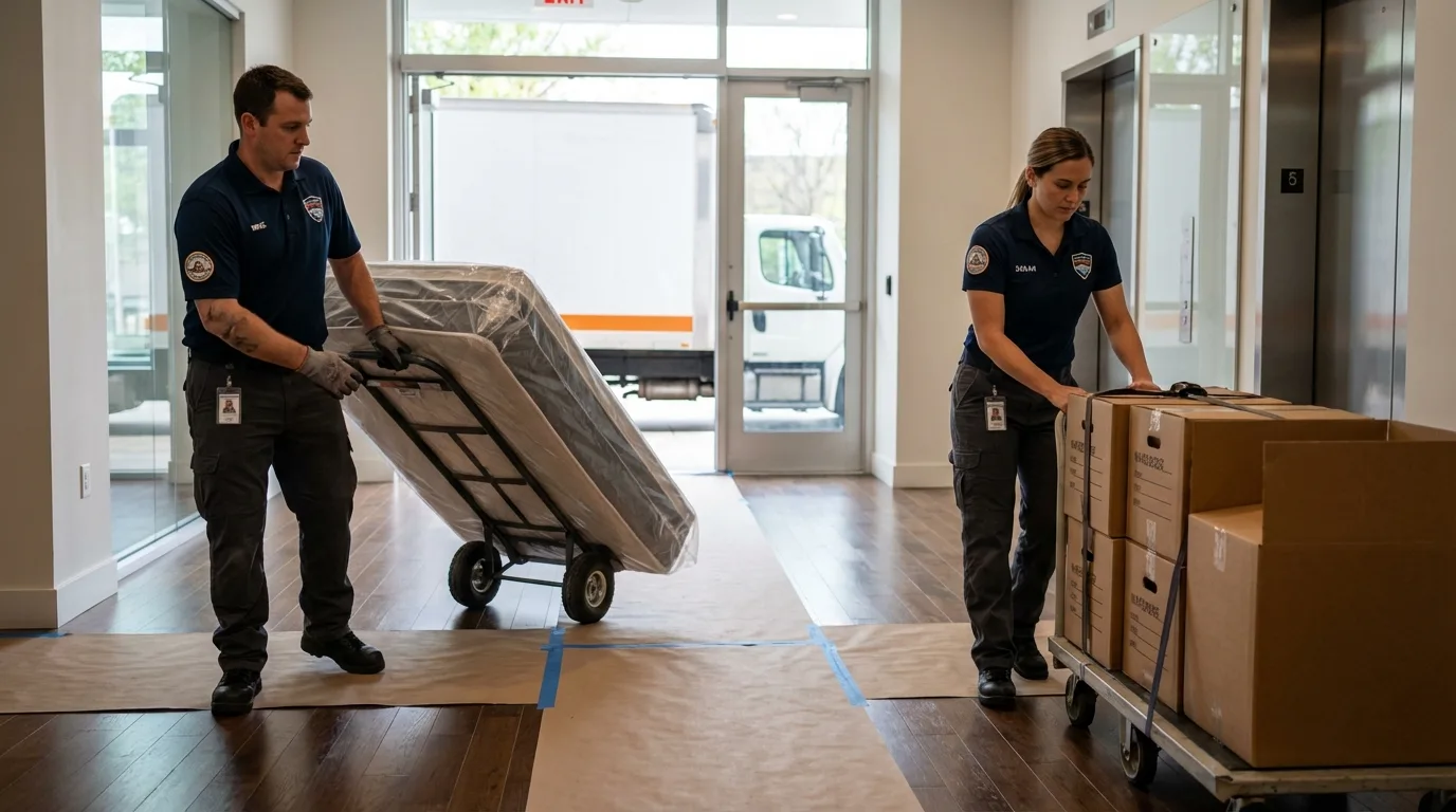 Professional apartment movers loading elevator in Hopkins, MN